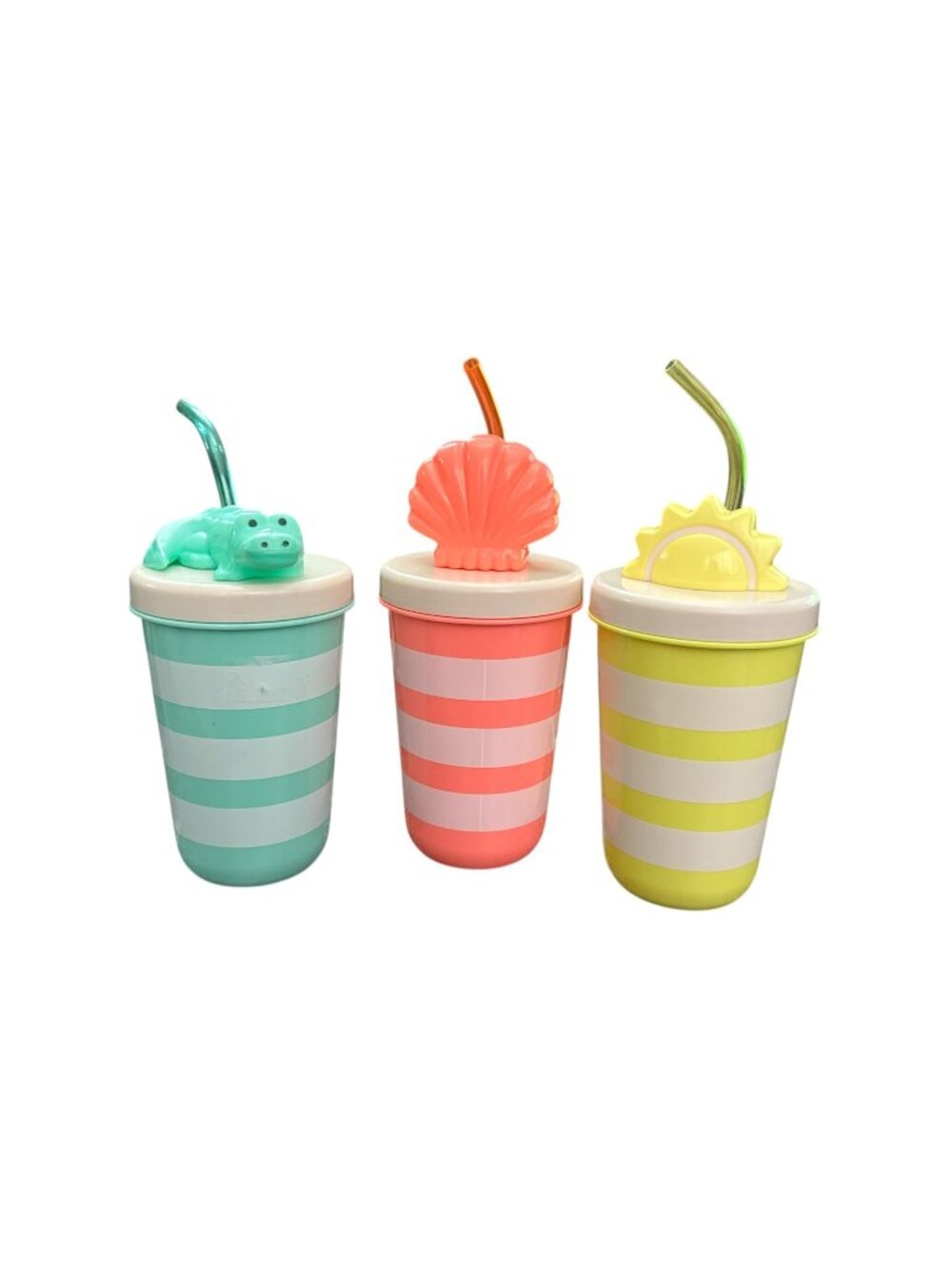 Set Of 3 Kids Striped Cups With Fun Animal & Beach-Themed Lids And Straws by Sun